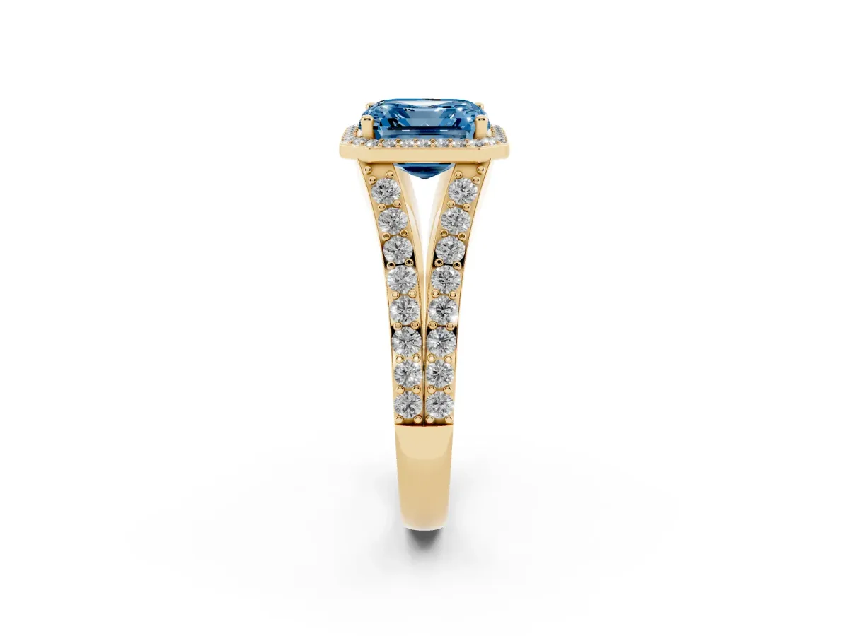 Fancy Blue Asscher Cut Diamond Split Shank Halo Ring with Four-Prong Setting Yellow gold