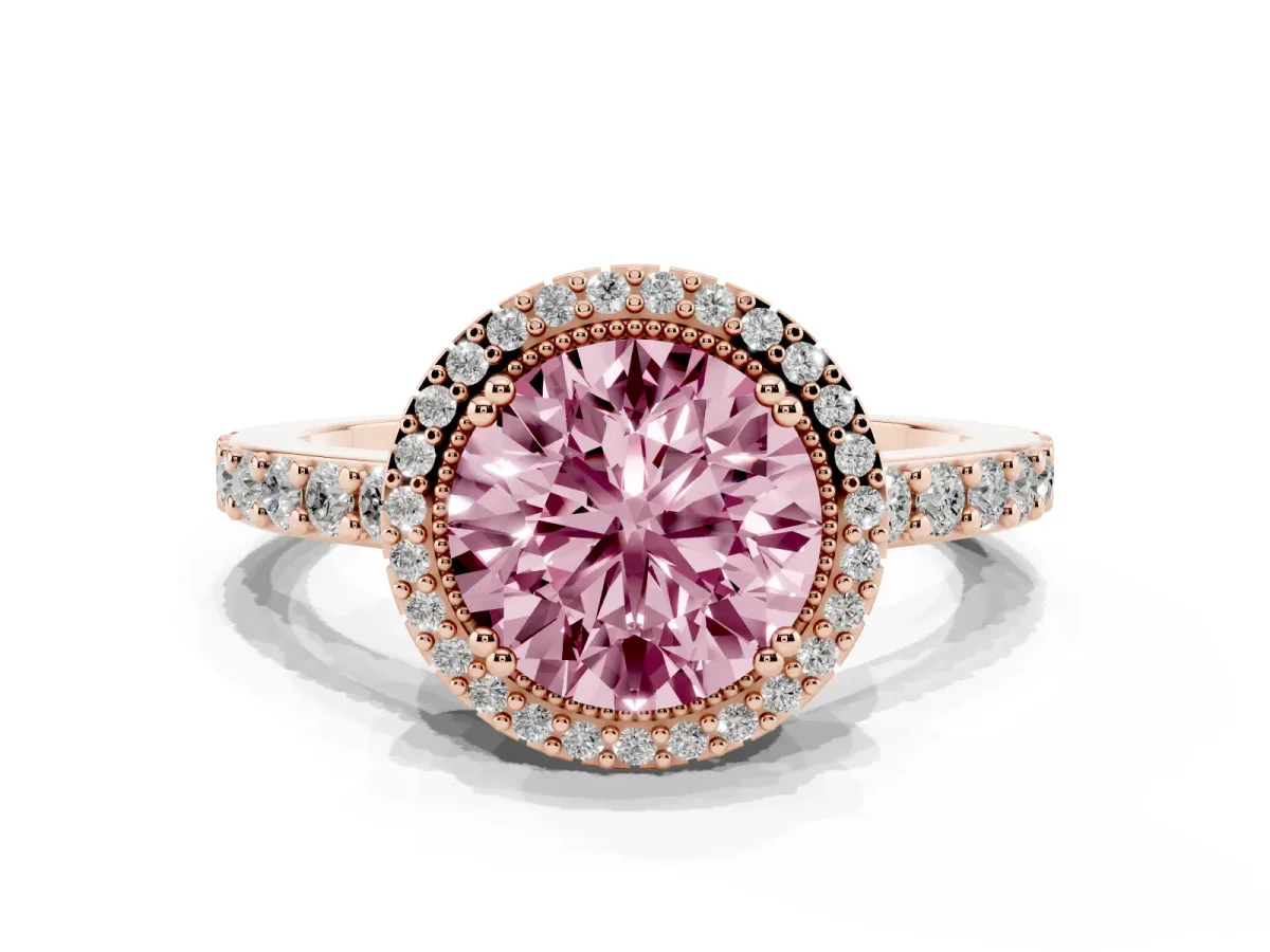 Fancy Pink Round Cut Cut Diamond Halo Engagement Ring with Milgrain Detail and Pavé Band Rose gold