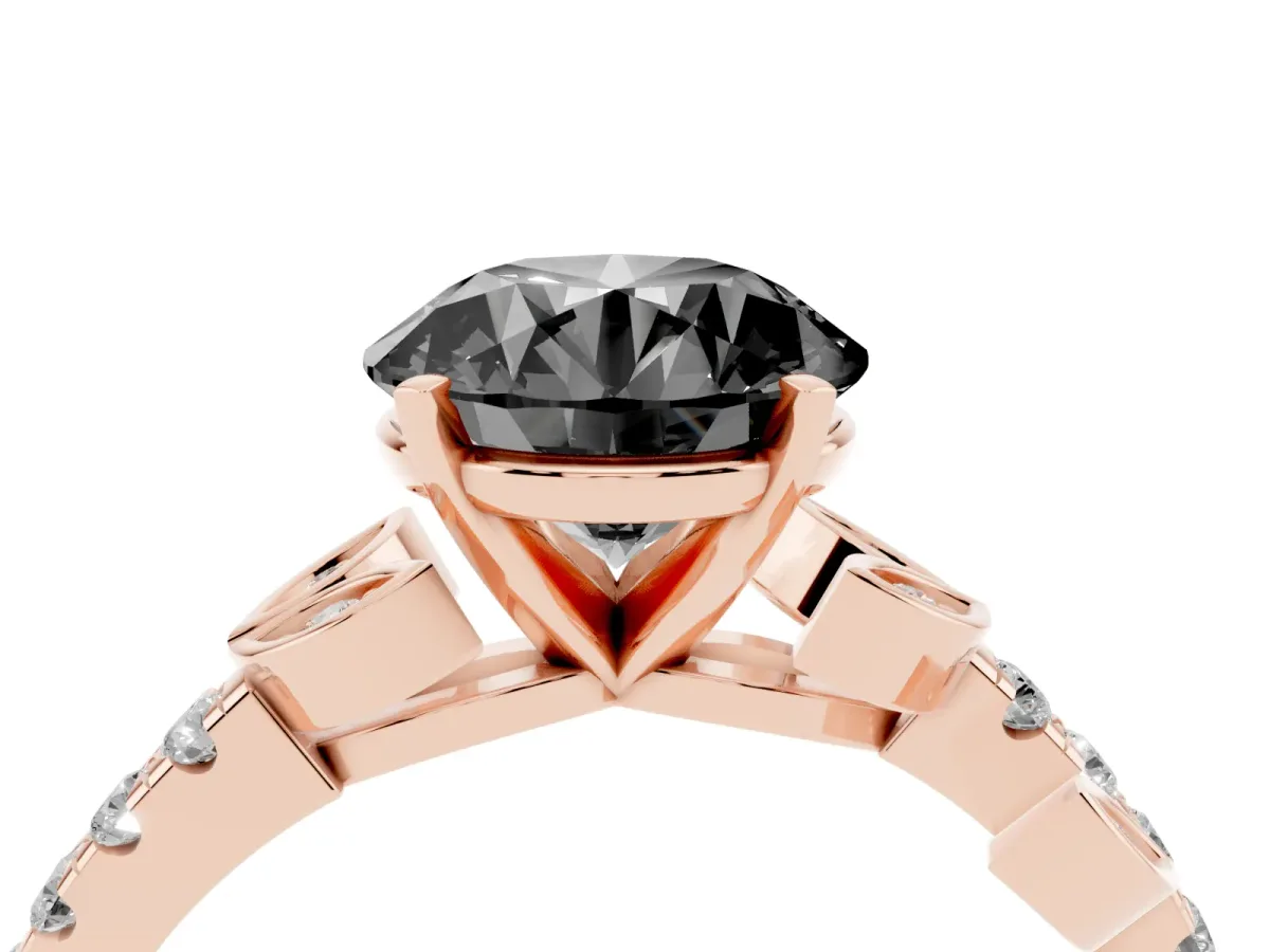 Fancy Black Round Cut Solitaire Leaf-Inspired Diamond Ring with Pavé Band and Four-Prong Setting Rose gold