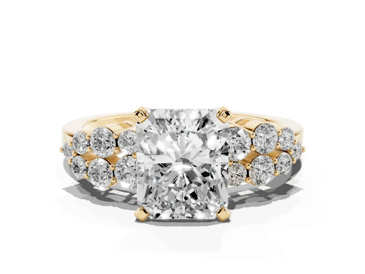 Radiant Cut Cluster Diamond Engagement Ring with Pavé Band and Four-Prong Setting Yellow gold