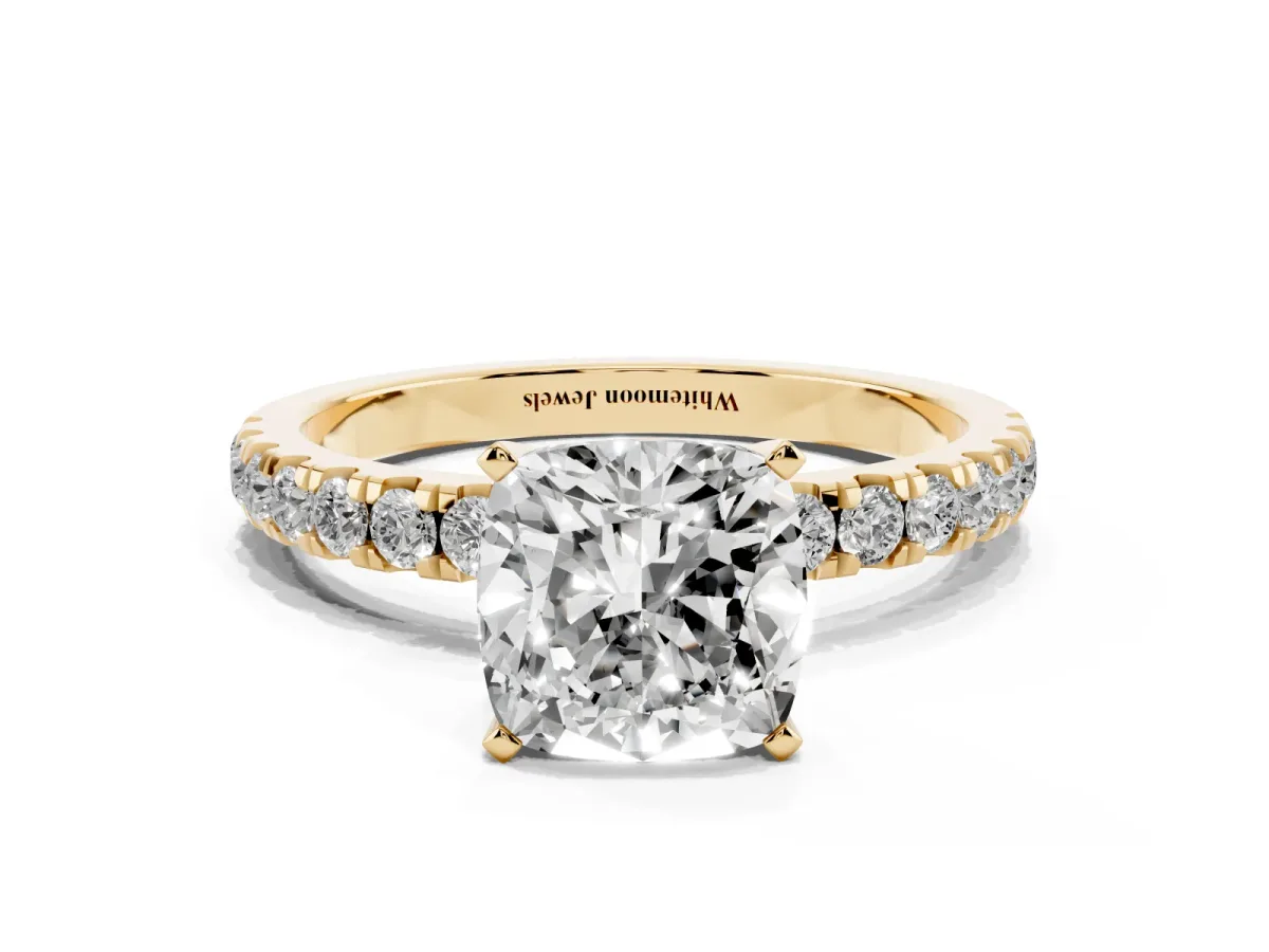 Cushion Cut Diamond Solitaire Ring with Pavé Accents and Four-Prong Setting Yellow gold