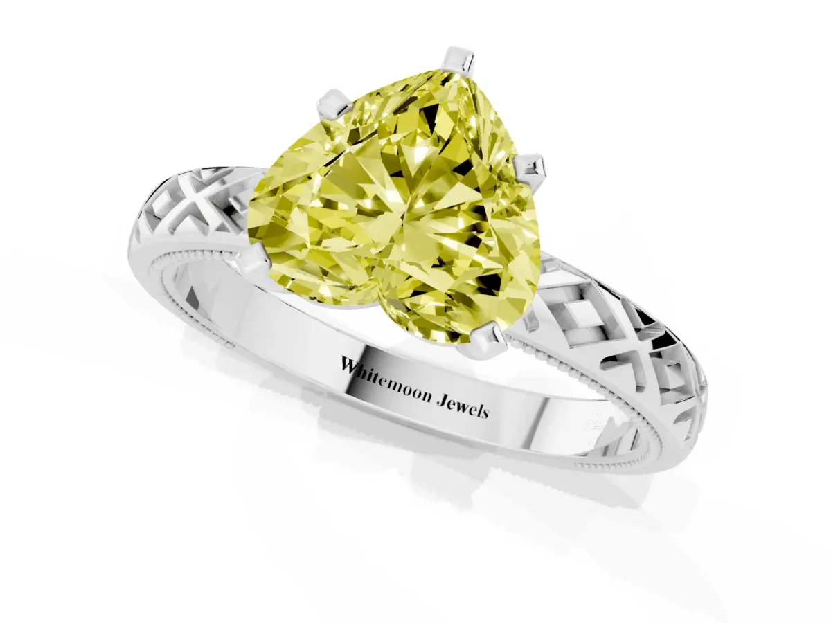 Fancy Yellow Heart Cut Solitaire Diamond Ring with Milgrain and Black Enamel X Pattern Band Silver
