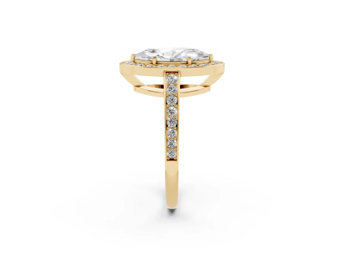 Marquise Cut Halo Pavé Diamond Engagement Ring with Bezel Setting Yellow gold