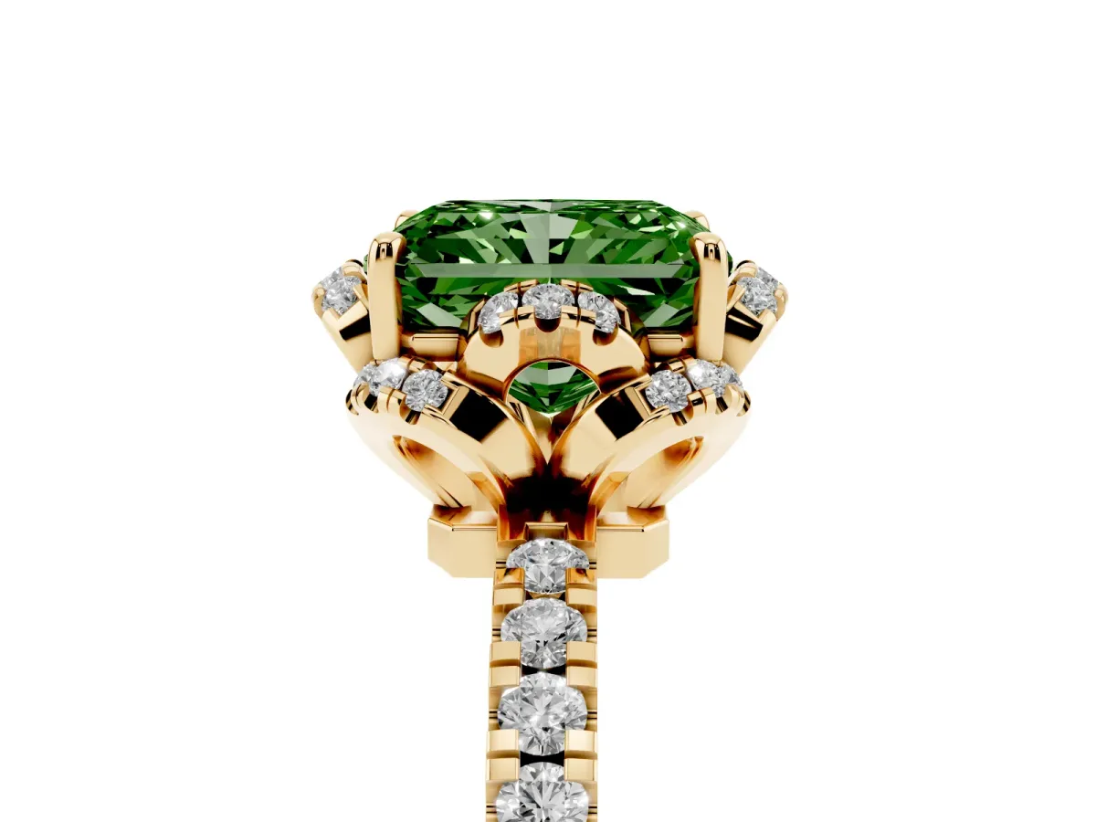 Fancy Green Radiant Cut Diamond Halo Pave Band with Four-Prong Setting Yellow gold
