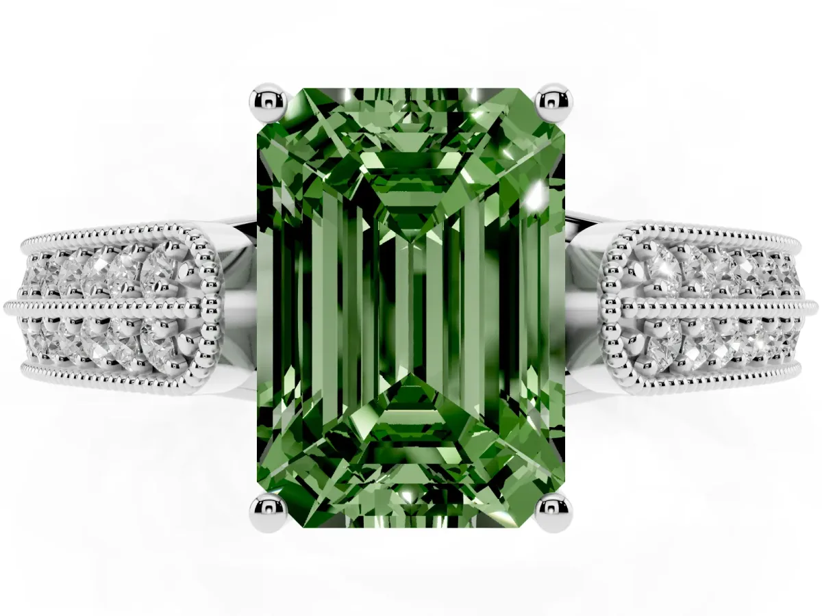 Fancy Green Emerald Cut Cut Pave Split Shank Engagement Ring with Four-Prong Setting Silver