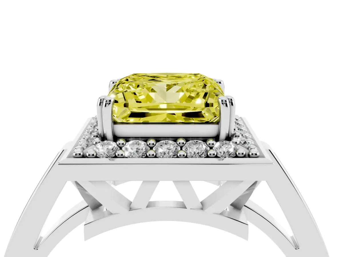Fancy Yellow Princess Cut Diamond Halo Ring with Split Shank and Four-Prong Setting Silver