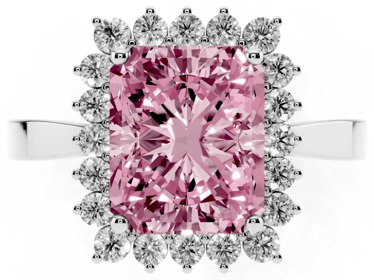 Fancy Pink Radiant Cut Cut Diamond Halo Ring with Round Brilliant Halo and Solitaire Band Platinum