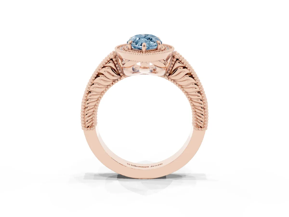 Fancy Blue Marquise Cut Cut Halo Diamond Ring with Pavé Band and Four-Prong Setting Rose gold