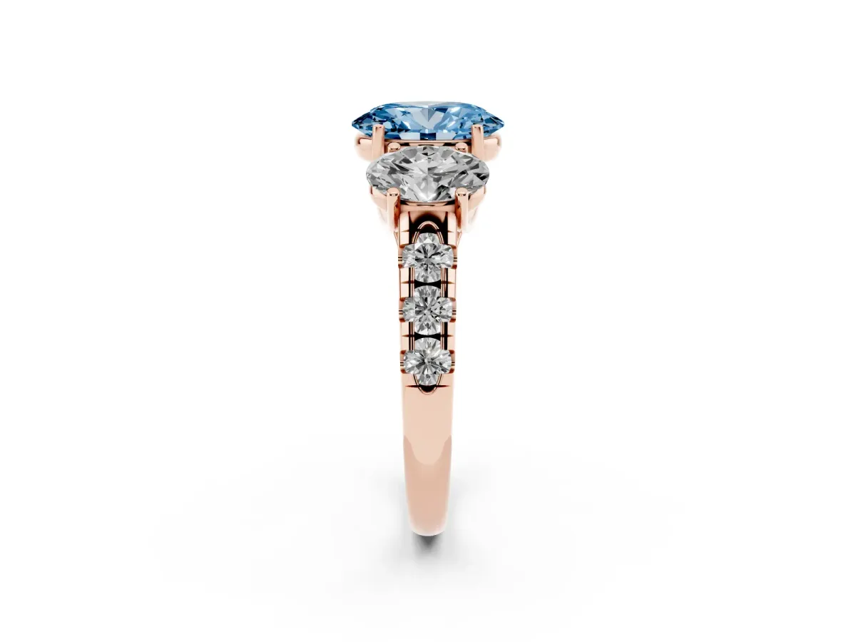 Fancy Blue Three-Stone Oval Cut Diamond Pavé Band with Prong Setting Rose gold