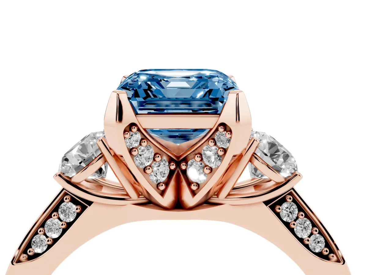 Fancy Blue Asscher Cut Brilliant Three-Stone Diamond Ring with Pavé Band and Four-Prong Setting Rose gold