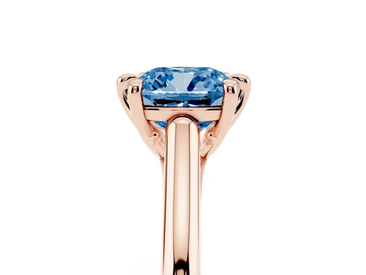 Fancy Blue Cushion Cut Solitaire Engagement Ring with Six-Prong Setting and Classic Band Rose gold