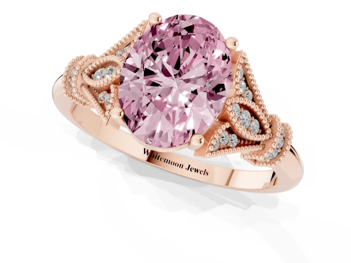 Fancy Pink Oval Cut Diamond Solitaire Ring with Floral Filigree and Pave Accents Rose gold