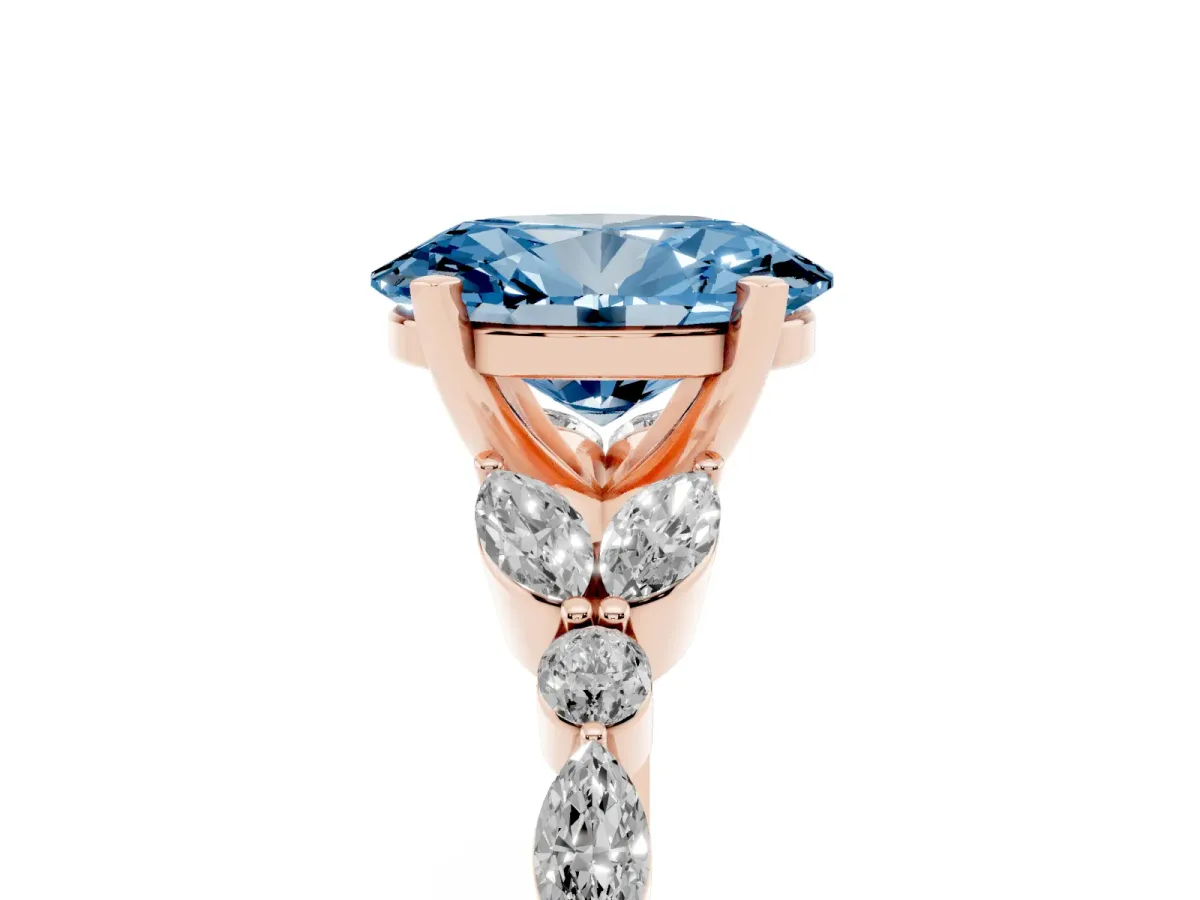 Fancy Blue Oval Cut Diamond Solitaire Ring with Side Stones and Four-Prong Setting Rose gold