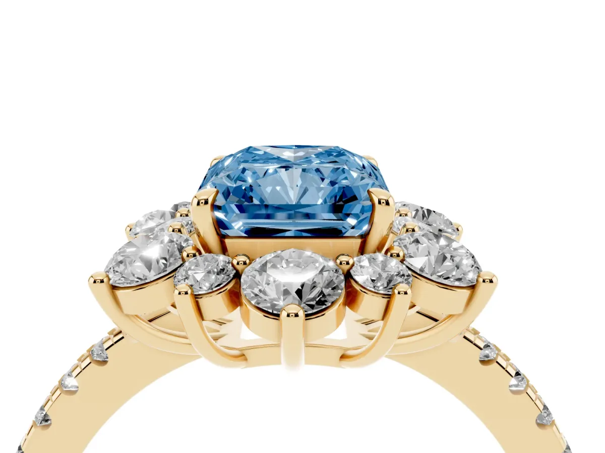 Fancy Blue Radiant Cut Diamond Floral Halo Ring with Round Pavé Band and Prong Setting Yellow gold
