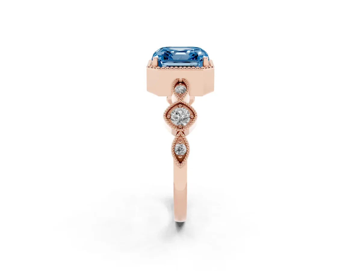 Fancy Blue Asscher Cut Diamond Vintage Milgrain Ring with Round Stations Rose gold
