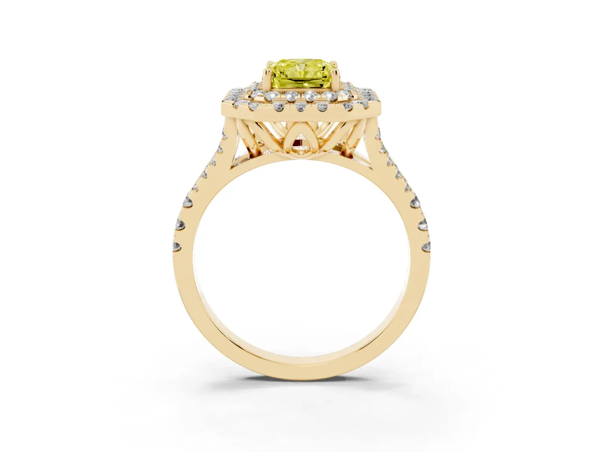 Fancy Yellow Double Halo Radiant Cut Diamond Pavé Split Shank Ring with Prong Setting Yellow gold