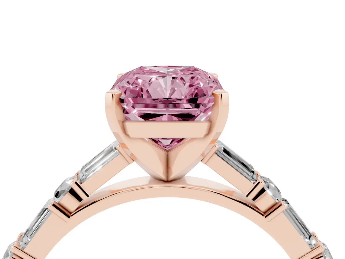 Fancy Pink Radiant Cut Diamond Solitaire with Side Baguettes and Channel Set Band Rose gold