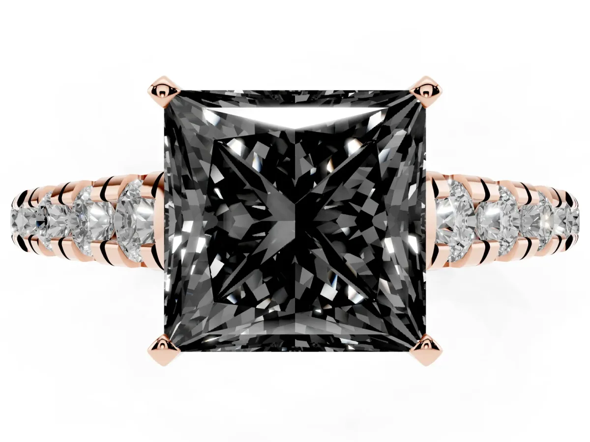 Fancy Black Princess Cut Diamond Cathedral Solitaire Ring with Round Pavé Band Rose gold
