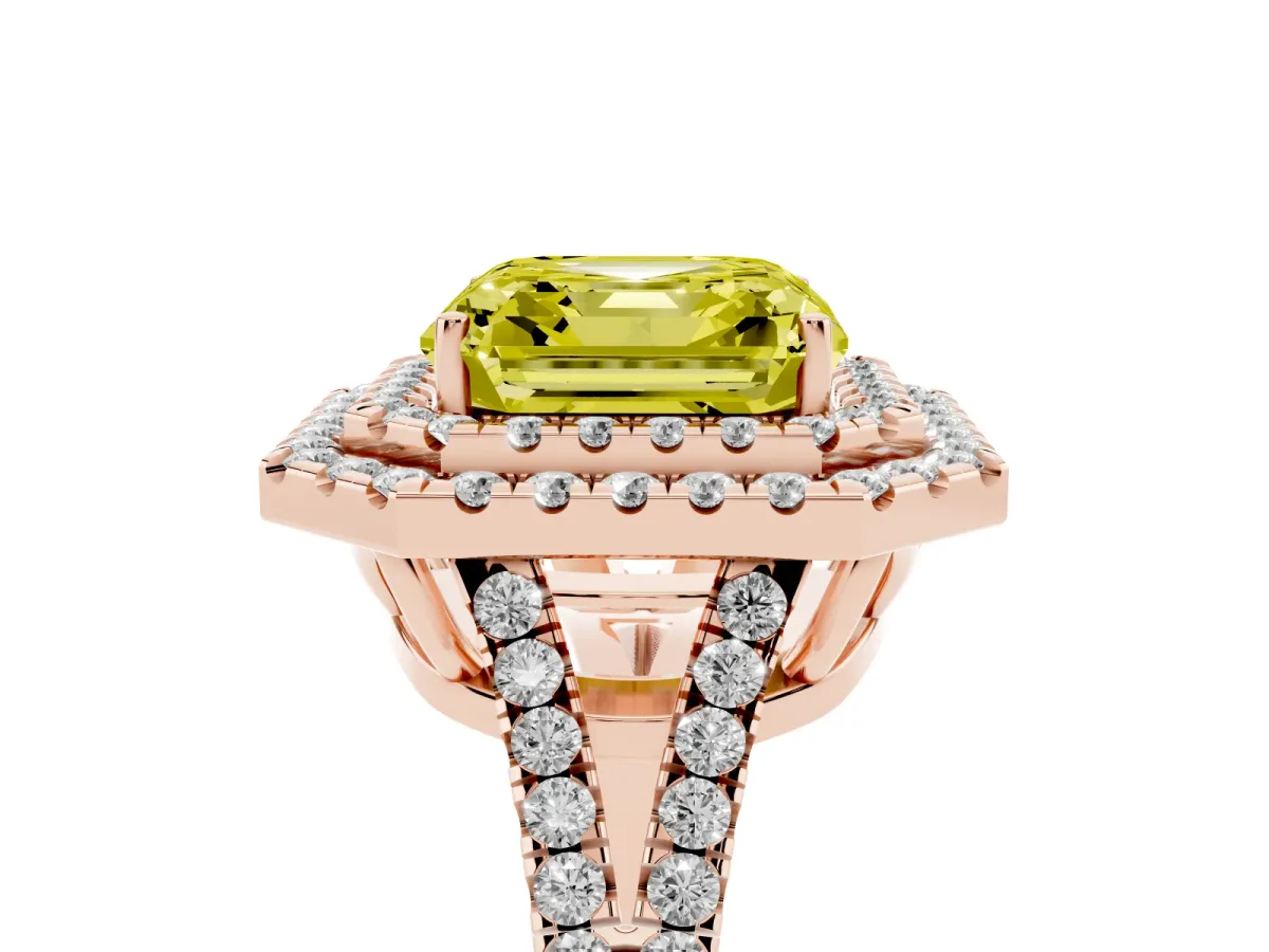 Fancy Yellow Asscher Cut Diamond Double Halo Ring with Pavé Band and Prong Setting Rose gold