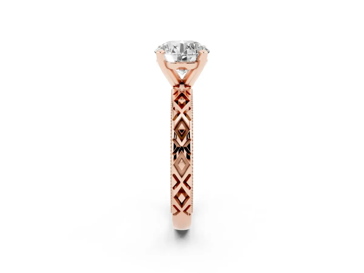 Round Cut Solitaire Diamond Ring with Milgrain and Black Enamel X Pattern Band Rose gold