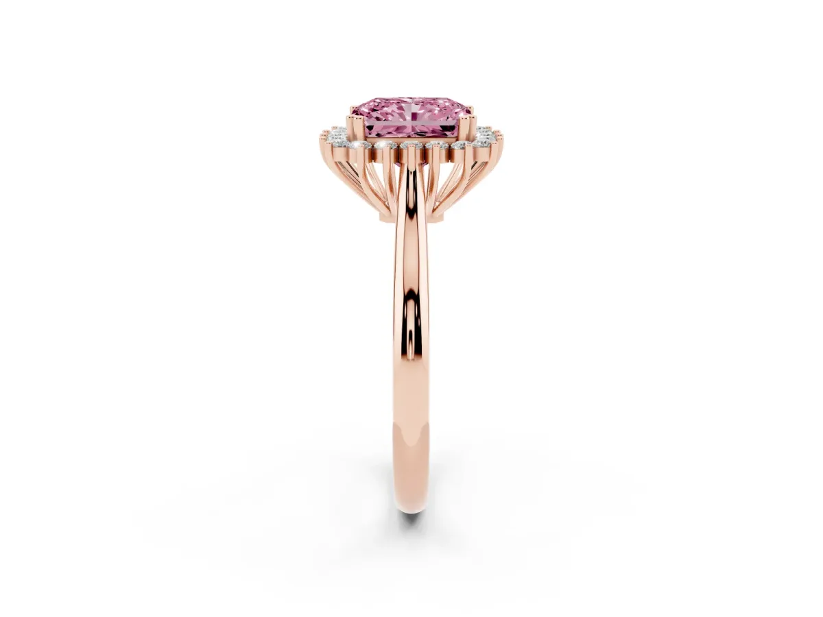 Fancy Pink Radiant Cut Cut Diamond Halo Ring with Solitaire Band and Prong Setting Rose gold