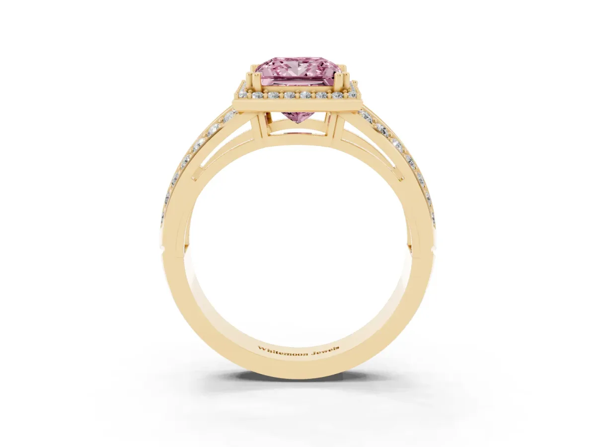 Fancy Pink Princess Cut Diamond Halo Ring with Split Shank Pavé Band and Four-Prong Setting Yellow gold