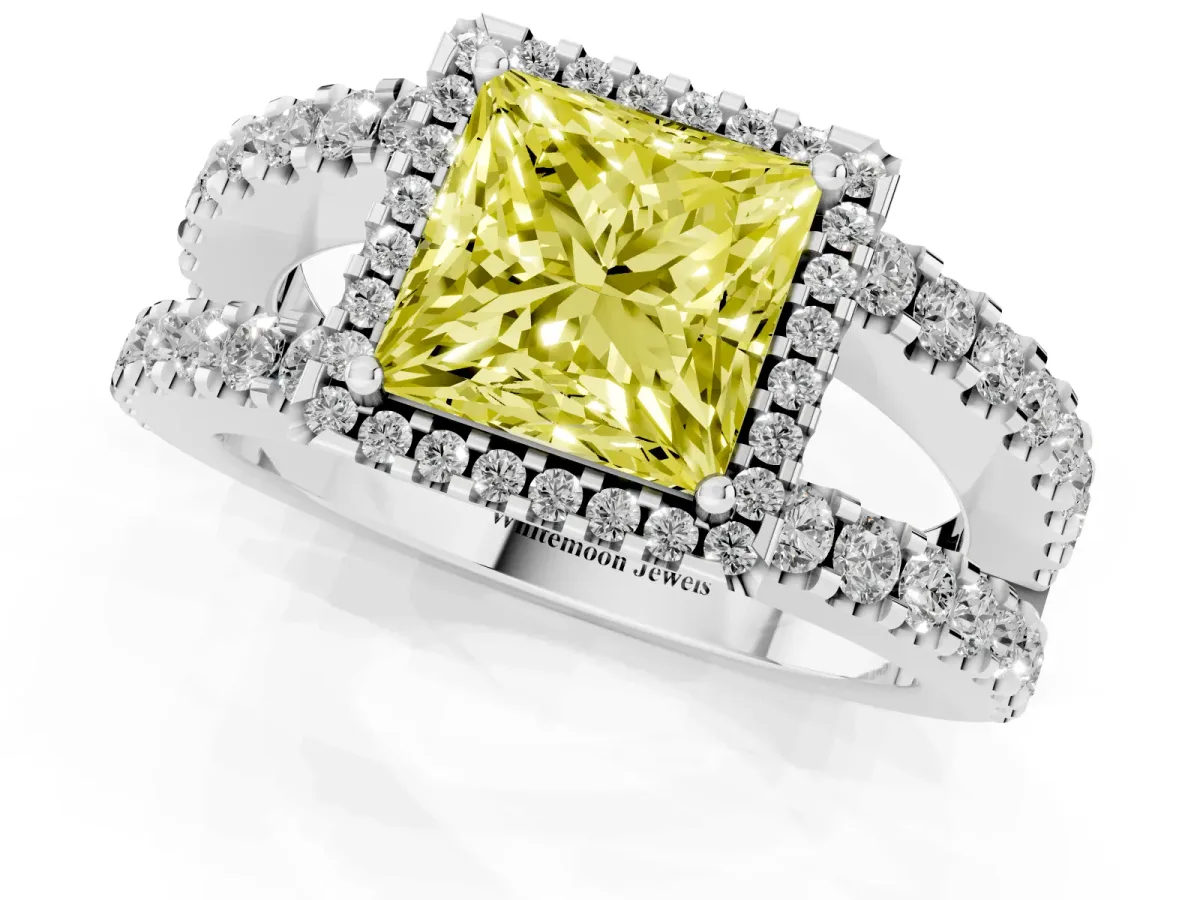 Fancy Yellow Princess Cut Cut Halo Split Shank Diamond Ring with Four-Prong Setting Silver