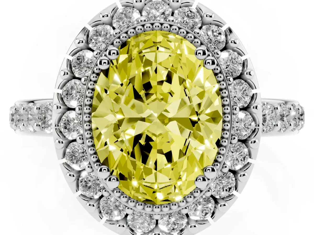 Fancy Yellow Oval Cut Diamond Halo Ring with Pavé Band and Prong Setting Silver