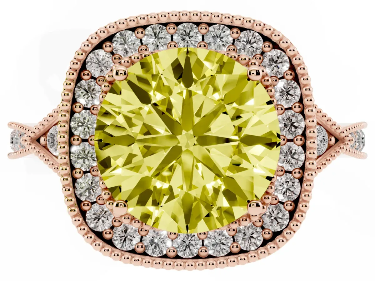Fancy Yellow Round Cut Halo Round Diamond Milgrain Pave Engagement Ring Rose gold