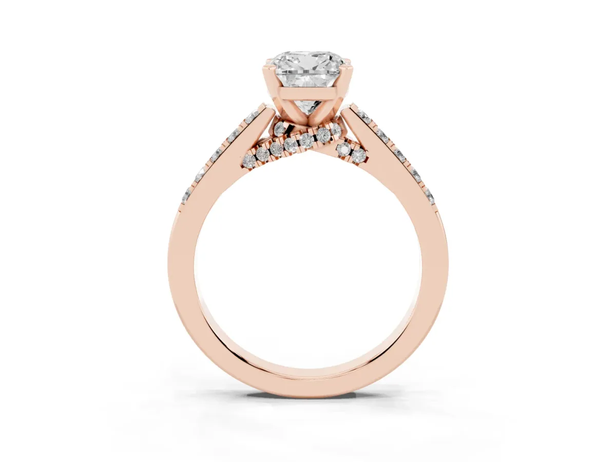 Cushion Cut Diamond Solitaire Ring with Crossover Gallery and Round Pavé Band Rose gold