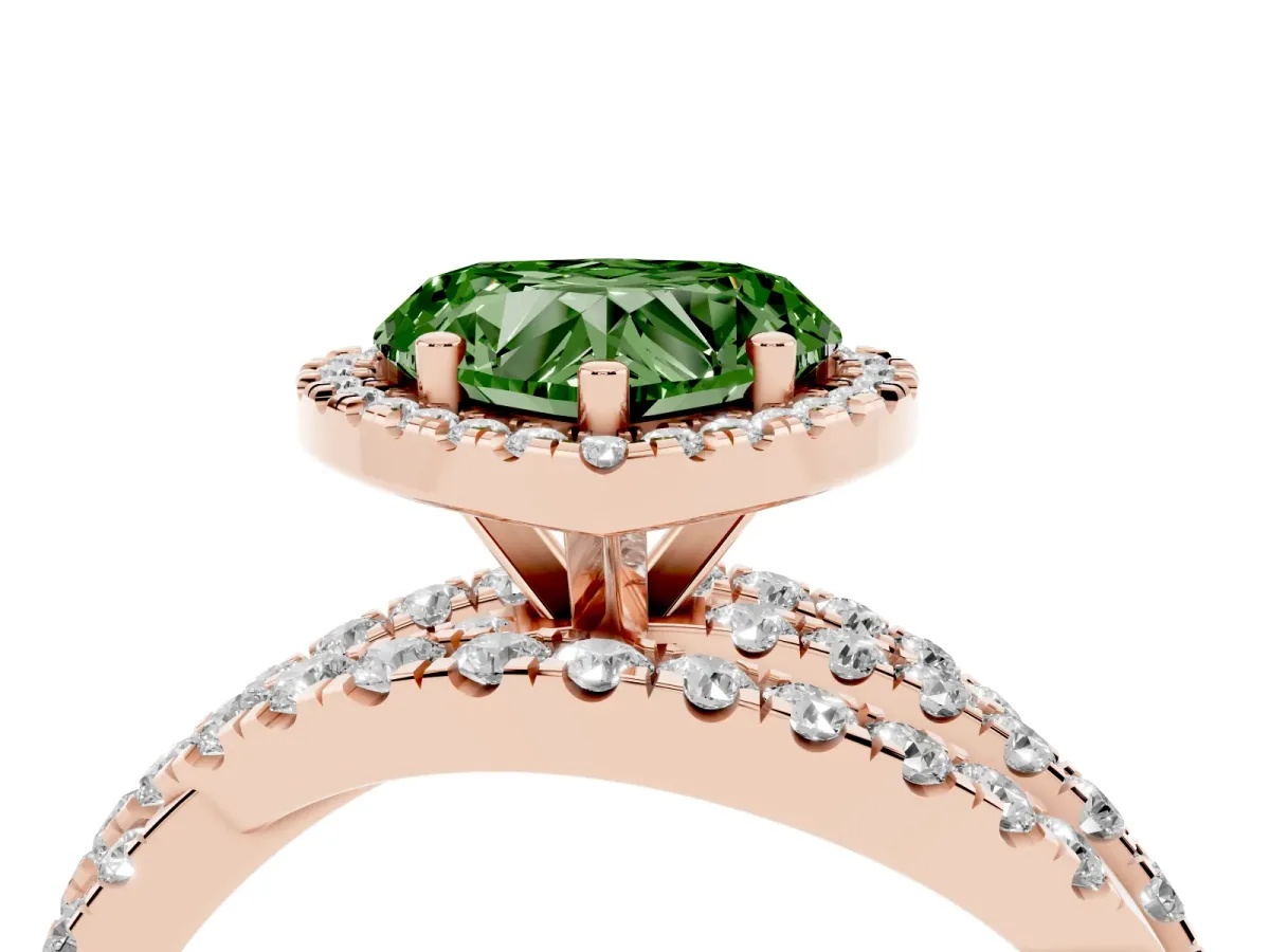 Fancy Green Heart Cut Diamond Halo Ring with Round Split Shank and Prong Setting Rose gold
