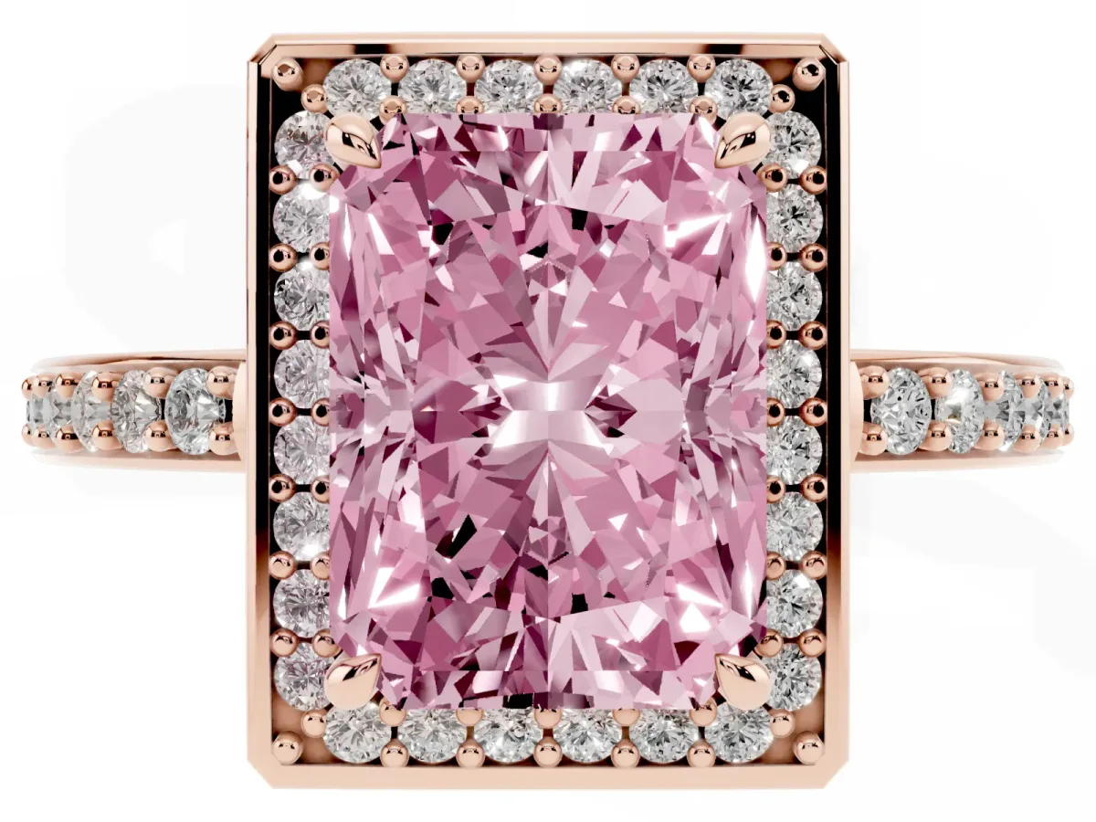 Fancy Pink Radiant Cut Halo Pave Band Solitaire Ring with Prong Setting Rose gold