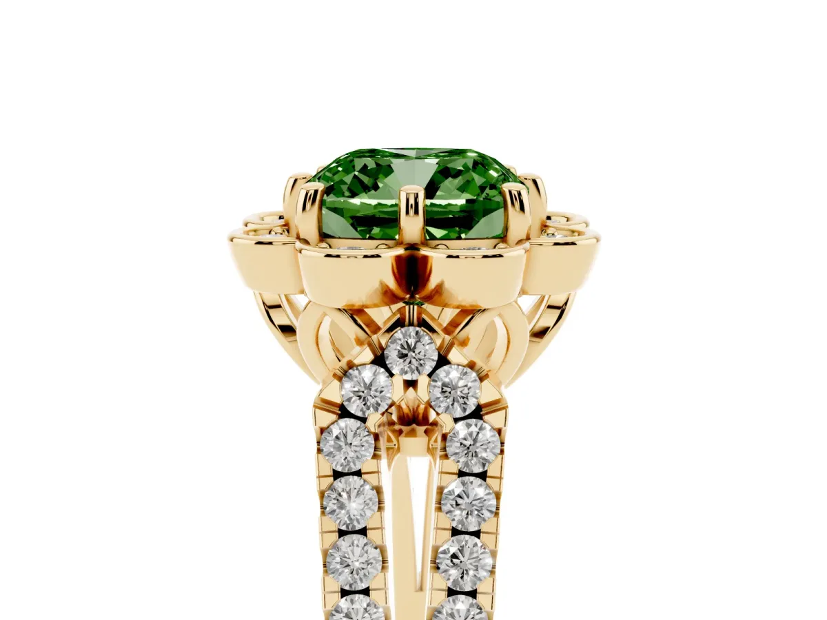 Fancy Green Cushion Cut Halo Diamond Floral Split Shank Engagement Ring Yellow gold