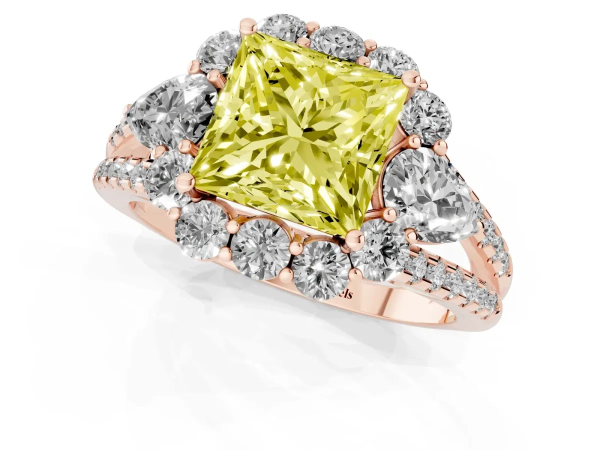 Fancy Yellow Princess Cut Halo Split Shank Diamond Engagement Ring with Prong Setting Rose gold
