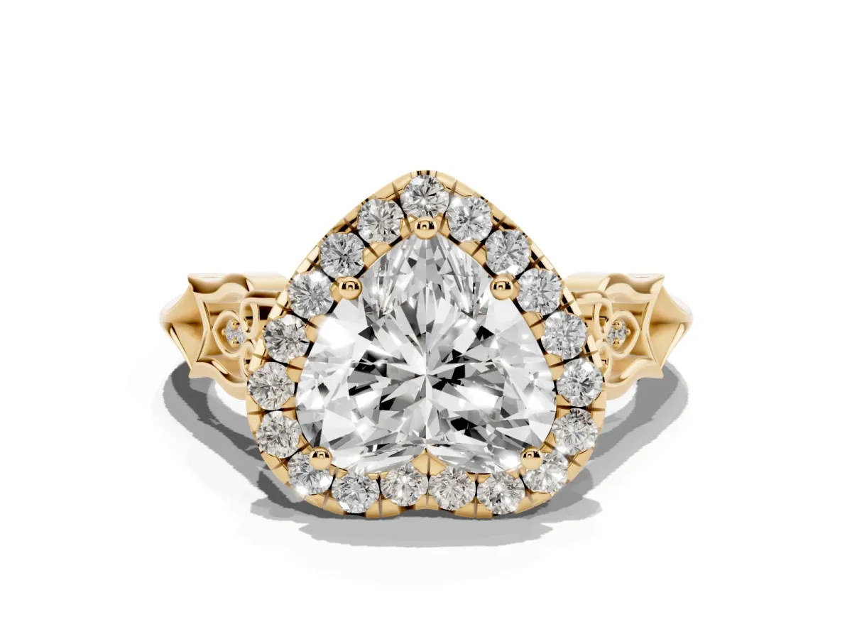 Heart Cut Halo Diamond Engagement Ring with Filigree Band and Four-Prong Setting Yellow gold