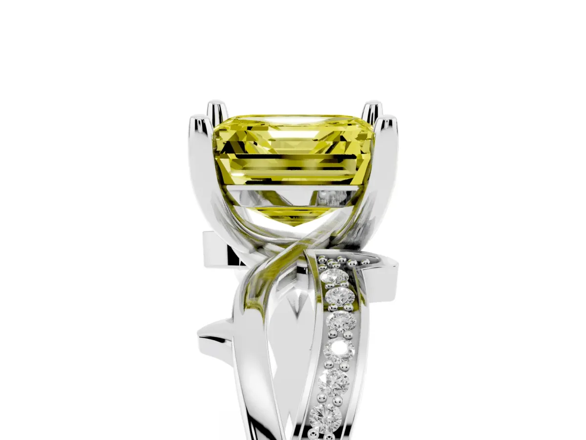 Fancy Yellow Asscher Cut Solitaire Twist Band with Pavé Accents and Four-Prong Setting Platinum