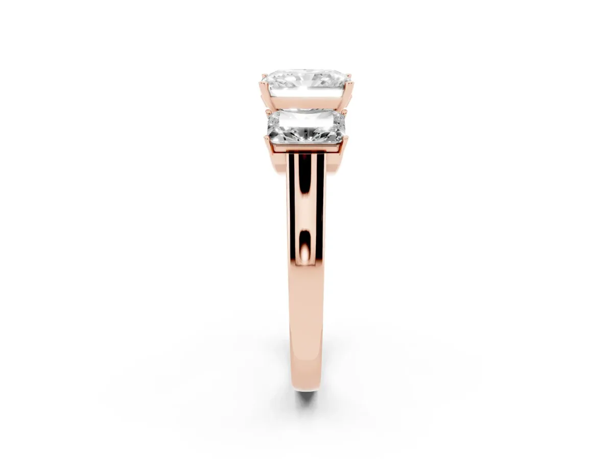Three-Stone Radiant Cut Brilliant Diamond Trellis Ring with Comfort Fit Band Rose gold