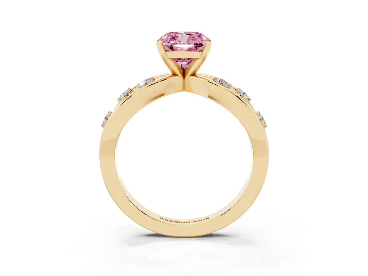 Fancy Pink Cushion Cut Cut Solitaire Diamond with Side Stones on Criss-Cross Band and Four-Prong Setting Yellow gold