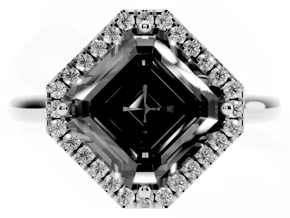 Fancy Black Asscher Cut Halo Round Diamond Solitaire Engagement Ring with Pave Band and Four-Prong Setting Platinum