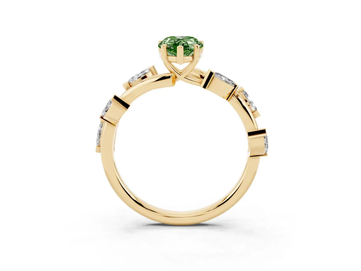 Fancy Green Pear Cut Solitaire Twisted Band Marquise Accent Prong Setting Ring Yellow gold
