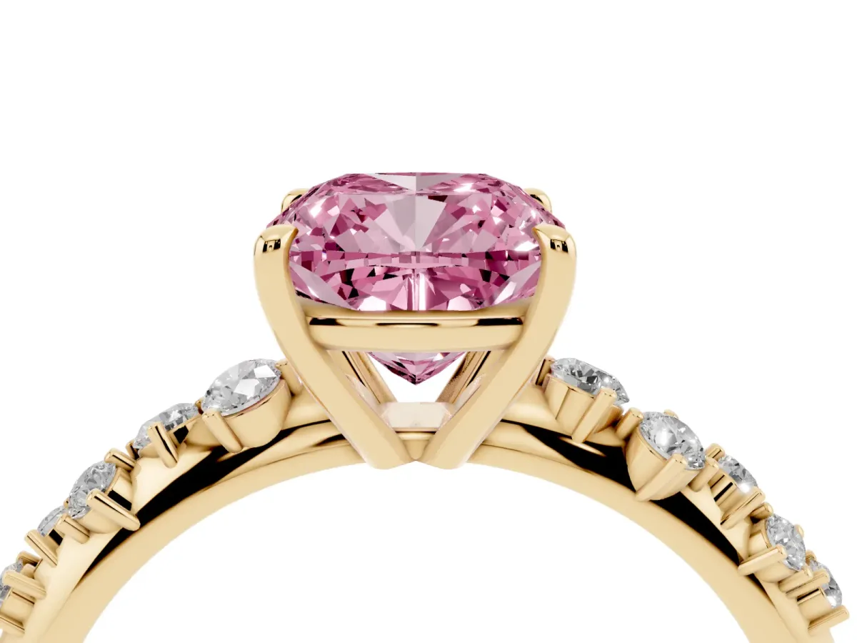 Fancy Pink Cushion Cut Diamond Cluster Side Stone Solitaire Ring with Prong Setting Yellow gold