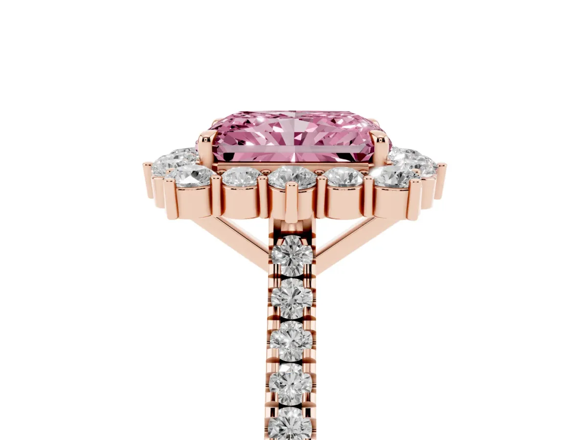 Fancy Pink Radiant Cut Halo Diamond Ring with Pavé Band and Prong Setting Rose gold