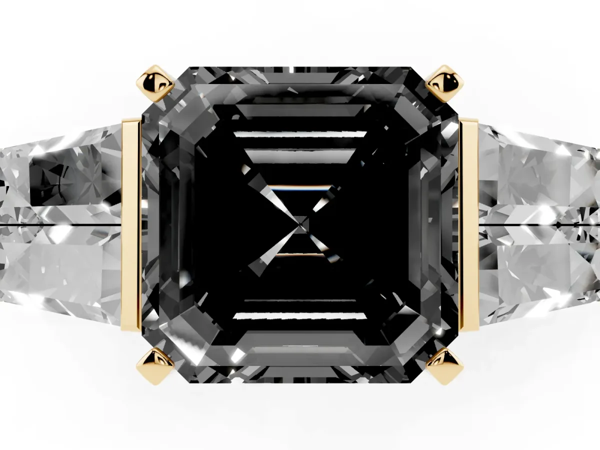 Fancy Black Asscher Cut Diamond Engagement Ring with Baguette Side Stones and Channel Set Band Yellow gold