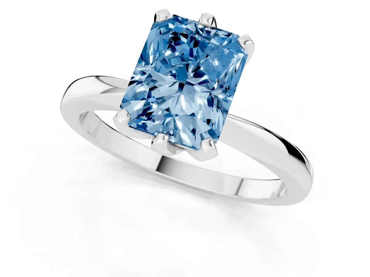 Fancy Blue Radiant Cut Solitaire Engagement Ring with Six-Prong Setting and Tapered Band Silver