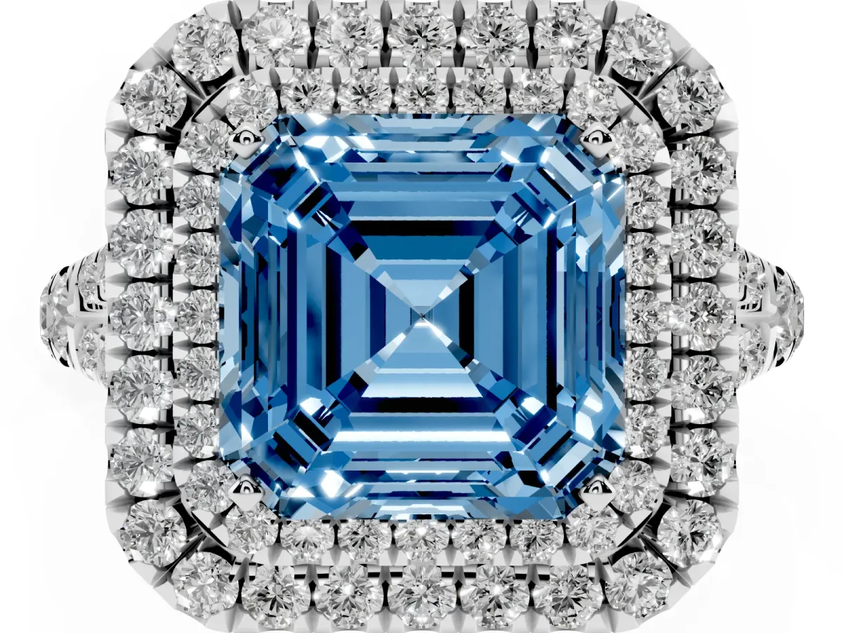 Fancy Blue Asscher Cut Cut Double Halo Split Shank Diamond Ring with Prong Setting Silver