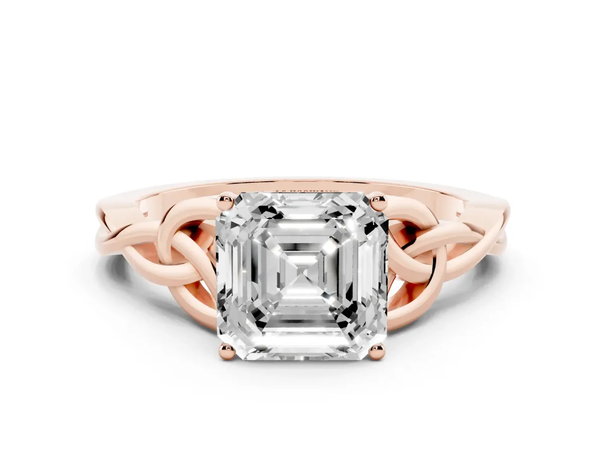 Asscher Cut Diamond Solitaire Engagement Ring with Celtic Knot Band and Four-Prong Setting Rose gold