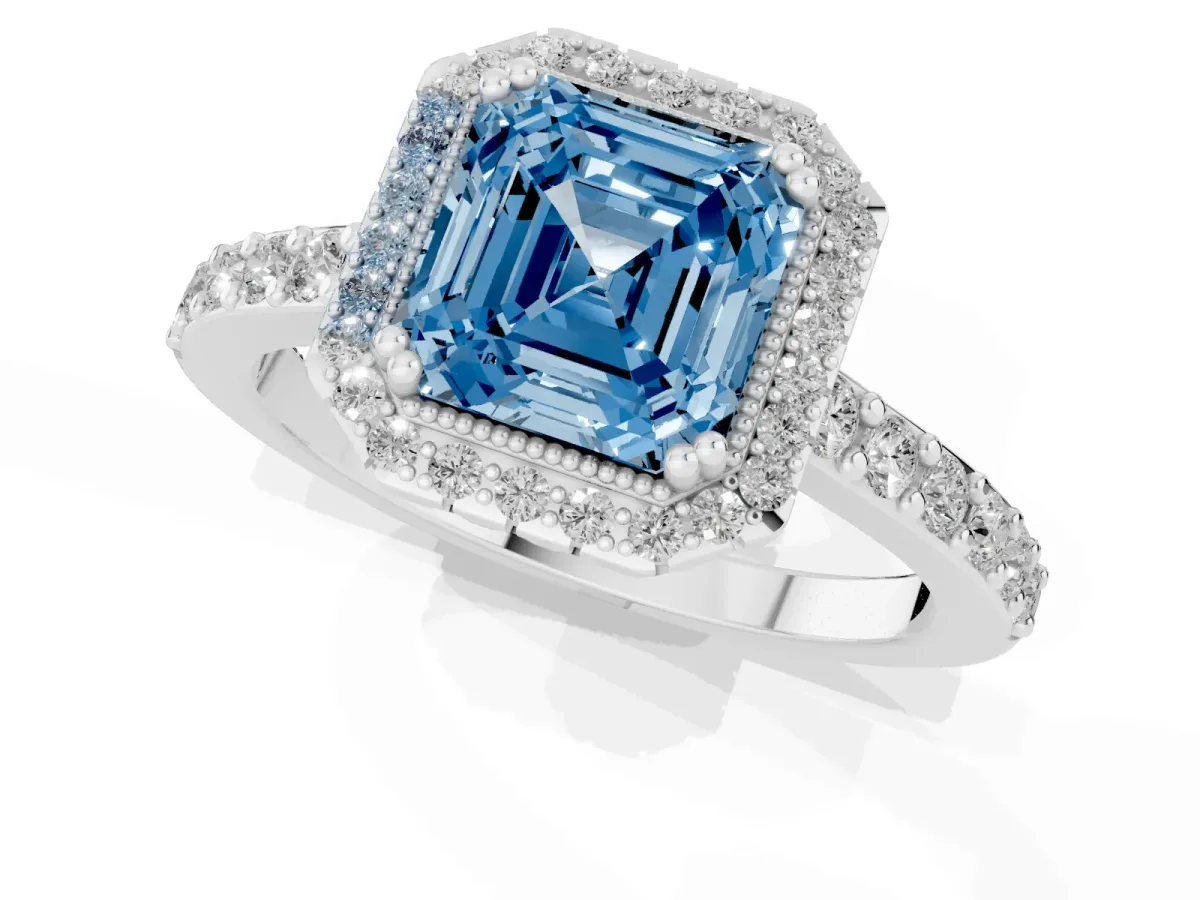Fancy Blue Asscher Cut Cut Diamond Halo Engagement Ring with Milgrain Detail and Pavé Band White gold