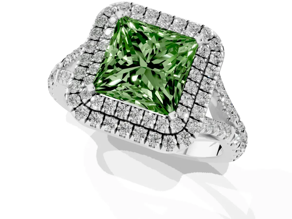 Fancy Green Princess Cut Diamond Pavé Split Shank Double Halo Engagement Ring Silver