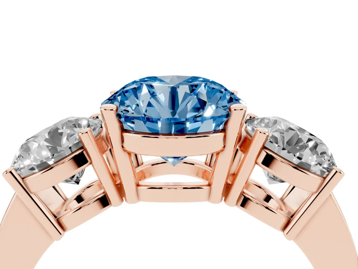 Fancy Blue Three-Stone Round Cut Cut Diamond Engagement Ring with Flat Band and Four-Prong Setting Rose gold