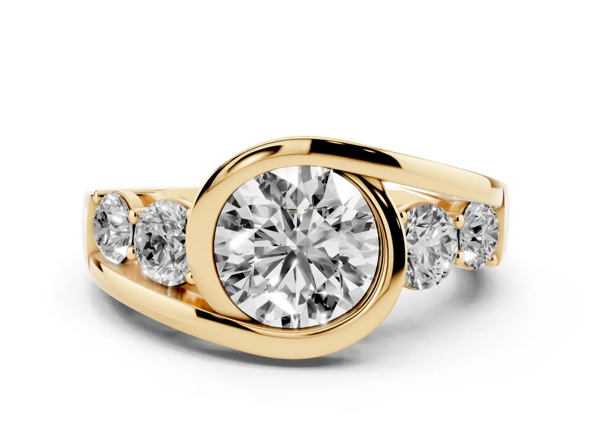 Bezel Set Round Cut Diamond Bypass Ring with Round Accents Yellow gold